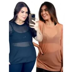 Kit 2 Blusa De Academia Transparente De Tule Plus Size Treino