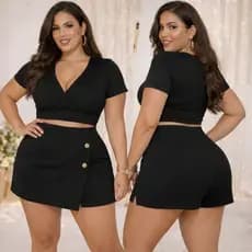 Conjunto Plus Size Feminino Short + Cropped Malha Crepe Liverpool Premium (G GG G1 G2) Cintura Alta