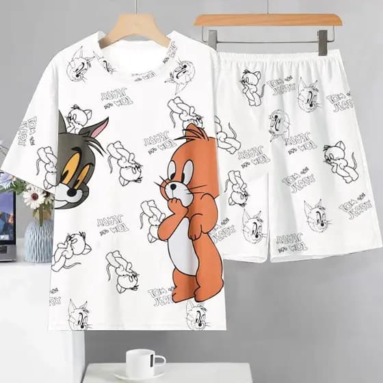 Pijama Masculino Verão Manga Curta Casual Solto Desenho Animado Fino Shorts De Estudante Jovem Conjunto De Roupas Para C