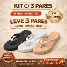 Kit 3 Pares Chinelo Feminino Casual Macio Leve Confortável Antiderrapante Preto Branco Bege