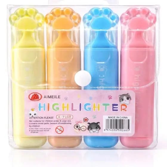 Marca Texto Patinha Cute – 4 Cores Pastel | Highlighter Fofo Escolar & Papelaria Criativa