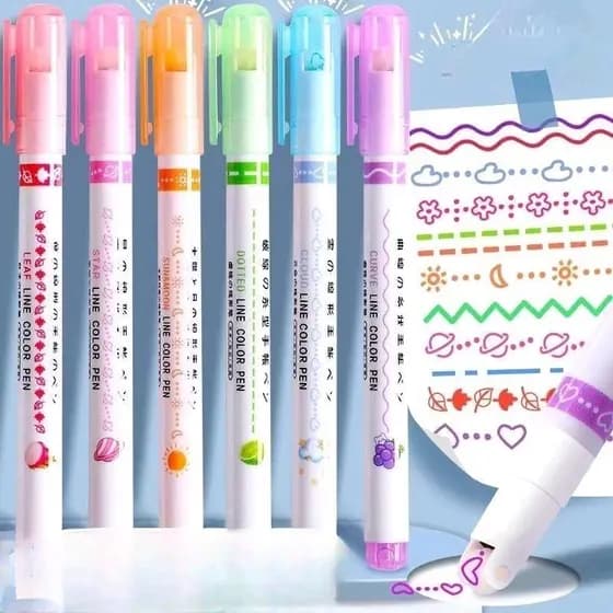Marca texto Carimbo Japonês com Rollers Kit 6 Canetas Marcadoras Mágicas para Textos Anotações e Artes com Linhas