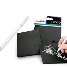 Kit 2 Blocos Adesivos Pretos 120 Folhas + Caneta Gel Branca Lettering Desenho Bullet Journal Planner