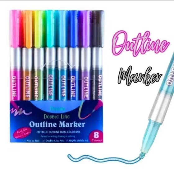 Caneta Outline Marker Metálica 4 ou 8 Unidades– Caneta Contorno Mágica Linha Dupla para Lettering, Desenho e Scrapbook