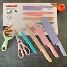 Jogo de Facas Coloridas 6 Peças Inox Kit Culinário Cozinha Churrasco Tesoura Descascador Gourmet Premium