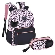 Mochila Escolar + Estojo Duplo Gatinha Oncinha Girls Meninas Clio