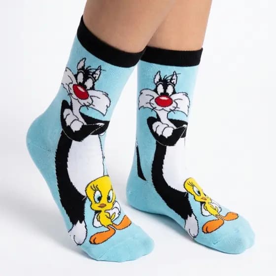 Meia Divertida Frajola Looney Tunes Gato Personagens Cano Alto Desenho Animado Geek