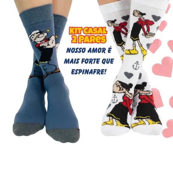 Kit 2 Pares Meias Cano Alto Popeye e Olivia Casal Meia Divertida Geek Anime Estampada Presente Criativo Namorados
