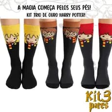 Presente Trio de Ouro Harry Potter Kit 3 Meias Divertida Harry Rony Hermione Hogwarts Cano Alto Geek Meias Personagens