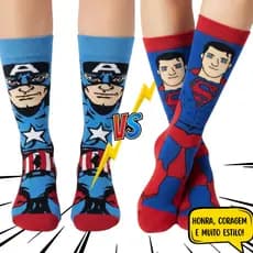 Kit 2 Pares Meias Cano Alto Superman e Capitão América Marvel DC Presente Geek