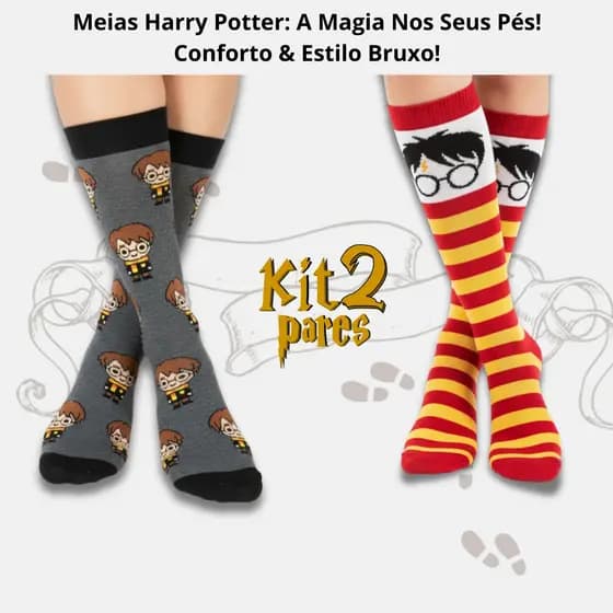 Kit Meias Harry Potter Hogwarts Cano Alto Sortidas Adulto Feminina Masculino e Infantil Grifinória Lufa-Lufa Corvino