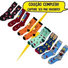Kit Meias Pokémon Cano Alto Divertida Trio Inicial Pikachu Ash Geek Nerd Presente Unissex Infantil Adulto Coleção