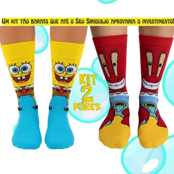 Kit 2 Pares Meia Cano Alto Bob Esponja e Seu Siriguejo Divertida Personagens Algodão Unissex + Brinde Infantil Unissex