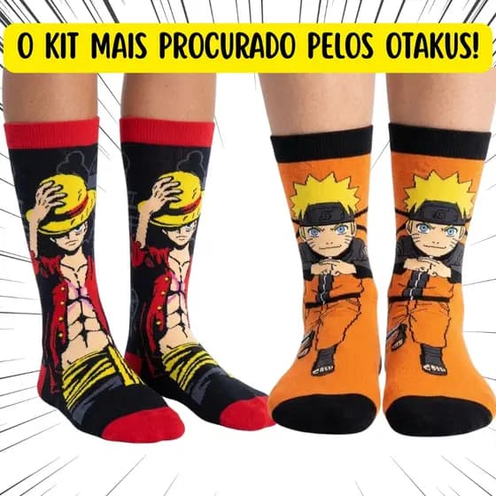 Kit 2 Pares Meia Anime Cano Alto Luffy One Piece e Naruto Uzumaki Meias Divertidas Geek Unissex