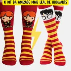 Kit 2 Pares de Meias Harry Potter e Rony Weasley Grifinória Cano Alto Médio Unissex Presente de Fã Geek Meia Divertida
