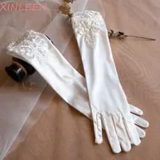 Luvas Longas de Cetim Xinlin com Renda Branca Elástica Retro Luvas de Casamento de Dedo Longo UVGF