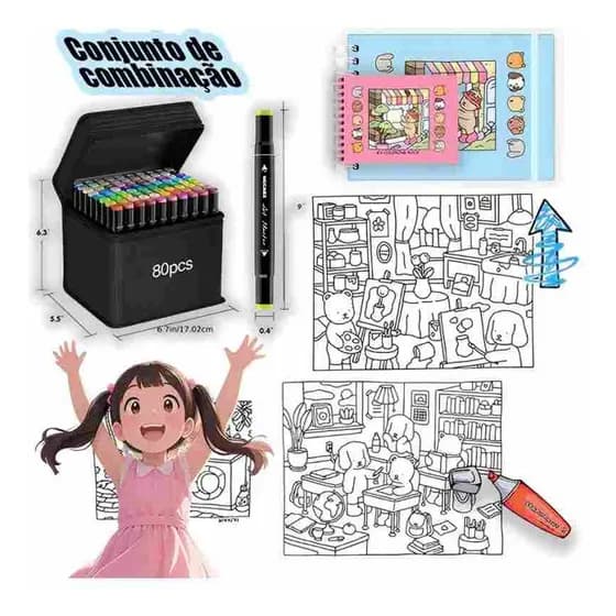 Kit Livro De Colorir Capa Dura 50 Páginas + Canetinhas