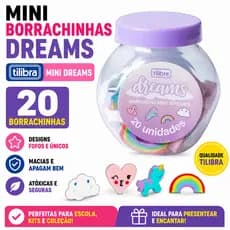 Borracha Mini Dreams Tilibra Pote com 20 Unidades Escolar Macia Não Mancha Papel Apagar Lápis Infantil Colorida