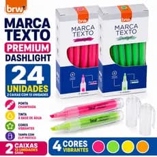 Kit 2 Caixas Marca Texto BRW 24 Unidades Fluorescente Neon Ponta Chanfrada 1-4mm Escolar Original