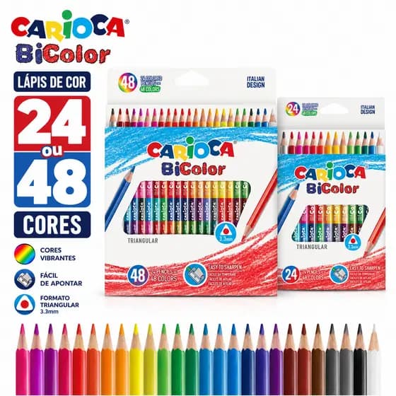 Lápis de Cor Bicolor Carioca Triangular 24 e 48 Cores Infantil Escolar Traço Macio Original