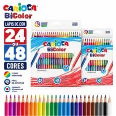 Lápis de Cor Bicolor Carioca Triangular 24 e 48 Cores Infantil Escolar Traço Macio Original