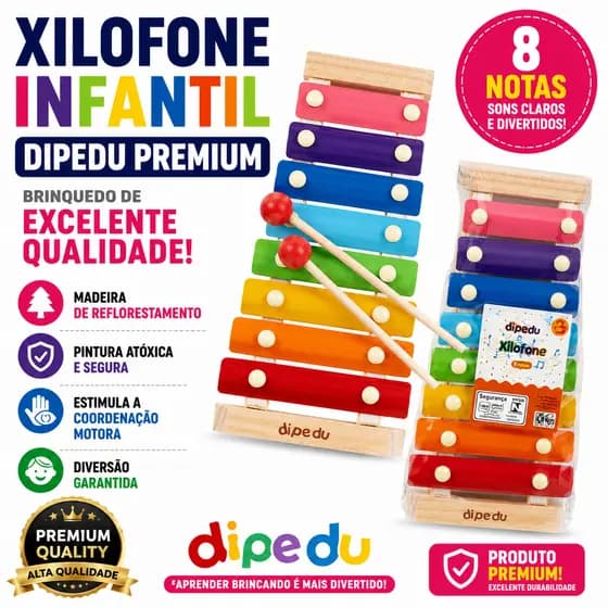 Xilofone Infantil 8 Notas Colorido Metal com Baquetas Brinquedo Musical Educativo Coordenação Motora