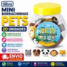 Borrachinha Mini Pets Tilibra Pote 20 Unidades Borracha Escolar Macia Não Mancha Papel Original Infantil