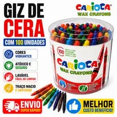Giz de Cera 100 Cores Carioca Pote Escolar Infantil Atóxico Não Tóxico Desenho Colorir Criativo