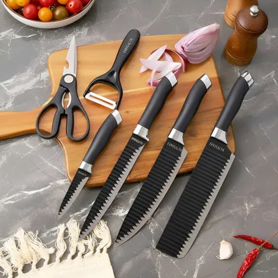 Kit Conjunto Jogo Facas Cozinha Churrasco 6 Peças Preto Inox Faca 6 Peças Utensílios Profissional