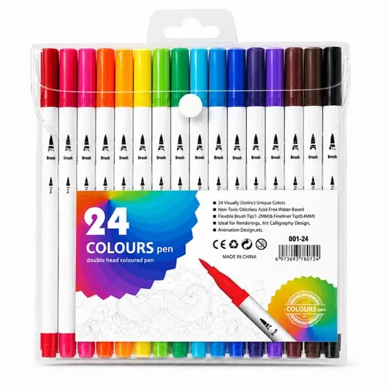 Kit Canetinha Brush Pen 24 Cores Dual Pen Lettering Ponta Dupla Desenho Colorir