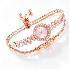 Relógio Feminino Rose Gold com Folhas de Strass Pulseira Ajustável Luxo Delicado Presente para Mulher