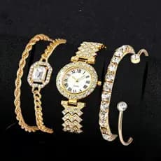 Kit Relógio Feminino + 4 Pulseiras - Banhado a Ouro com Zircônia