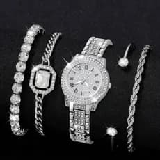Kit Relógio Feminino + 4 Pulseiras - Com Zircônios Prateado