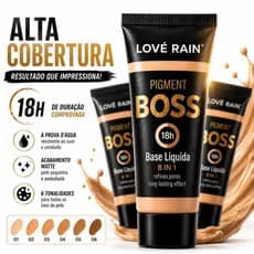 Base Líquida Boss Pigment Lové Rain 8 em 1 Alta Cobertura Matte 18h À Prova D'Água Não Craquela 6 Tonalidades 60ml
