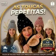 Gorro Touca Feminino De Lã Inverno Com Pérolas Strass Luxo Confortável Pompom Pelinho Lã Premium Luxo Charme Perfeito