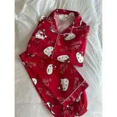 Pijama Feminino Kitty Vermelho Terno Desenho Animado Fofo Manga Comprida De Dormir