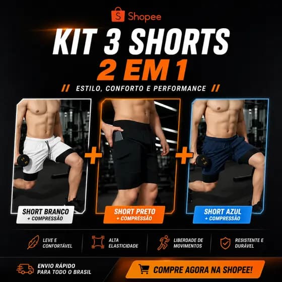 Kit Com 3 Shorts 2 em 1 Dry Fit Com Bolso Lateral Para Celular