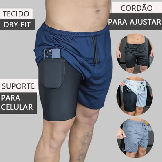 Shorts 2 em 1 Dry Fit Masculino Com Bolso Interno