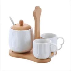 Kit Xícaras Café com Açucareiro e Suporte Cerâmica Bambu