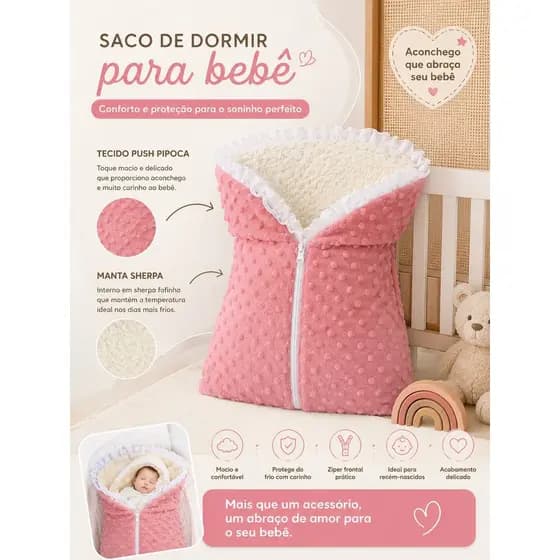 Saco de Dormir Bebê Sherpa Pipoquinha 100% Algodão com Zíper