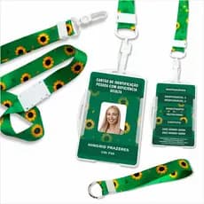 Kit Crachá de Identificação Girassol PERSONALIZADO + Cordão com Trava de Segurança + Chaveiro