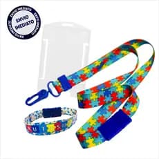 Combo: 5 Cordões Autismo Com Trava De Segurança + 5 Pulseiras Autista + 5 Protetores de Crachá