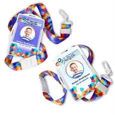 Kit Crachá de Identificação Autista PERSONALIZADO + Cordão com Trava de Segurança + Porta Crachá