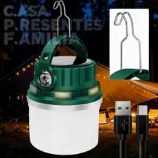 Luminária Solar/USB Recarregável 5 Modos - LED de Longa Duração para Acampamento e Pesca