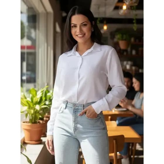 Camisa Feminina Manga Longa Moda Feminina Casual Elegante Uniforme Com Bolso Estilosa