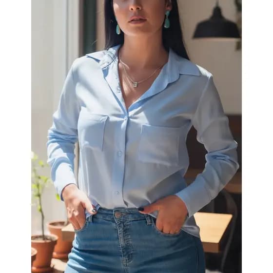 Camisa feminina de Botão com Bolsos na Frente com mangas longas Camisete de Alfaiataria elegante anti odor