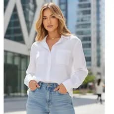 Camisa Social Feminina Branca Bolsos Frontais Blusa Social Manga Longa Botões Elegante Classica