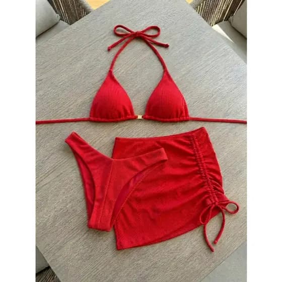 Conjunto Biquíni 3 Peças Canelado Com Saia Ajustável - Várias Cores Moda Verão
