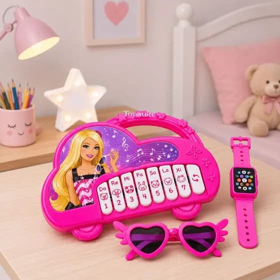 Kit Piano Barbie + Óculos + Relógio Brinquedo Infantil Musical Rosa