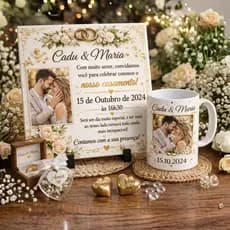 Kit Convite Casamento Personalizado Azulejo + Caneca com Foto + Suporte | Presente | Padrinhos